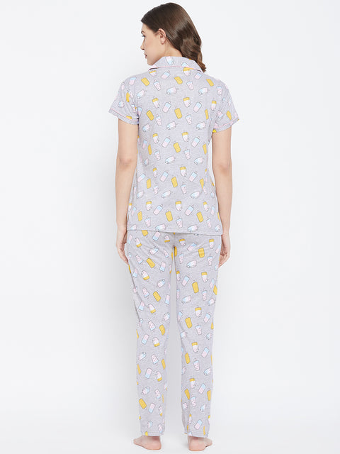 Grey Ice Cream Print Button Me Up Shirt & Pyjama Set in Cotton - Camey Shop