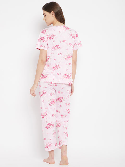 Floral Print Top & Pyjama Set In Pink - Camey Shop