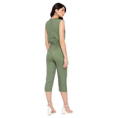 Women Printed Crepe Sleeveless Green Jumpsuit - Camey Shop