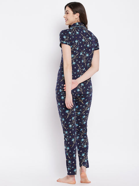 Navy Print Me Pretty Button Me Up Shirt & Bottom Set In Cotton - Camey Shop