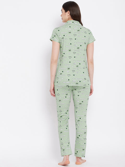 Sage Green Print Me Pretty Button Me Up Shirt & Bottom Set in Cotton - Camey Shop