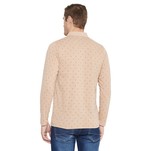 Men's Cream Full Sleeves Cotton Polo Printed T-Shirt - Camey Shop