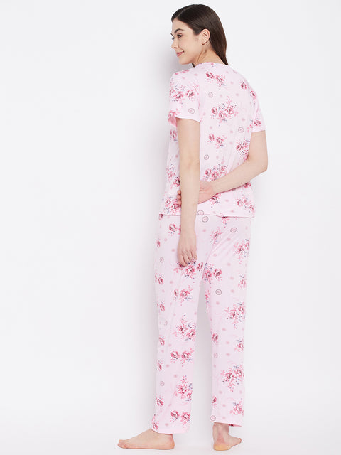 Floral Print Top & Pyjama Set In Pink - Camey Shop