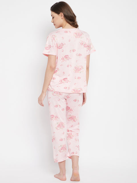 Floral Print Top & Pyjama Set In Pink - Camey Shop