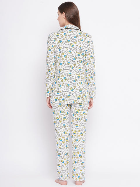 White Print Me Pretty Button Me Up Shirt & Bottom Set in Cotton - Camey Shop
