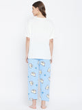 3 Piece Nightwear Printed Set in White & Sky - Camey Shop