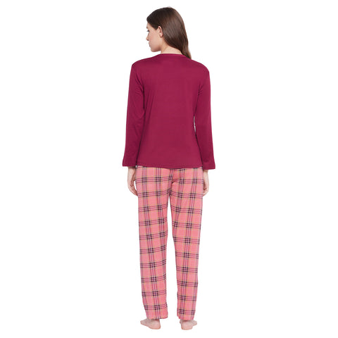 Rabbit Text & Graphic Print Top & Pyjama Set in Marron