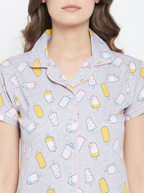 Grey Ice Cream Print Button Me Up Shirt & Pyjama Set in Cotton - Camey Shop