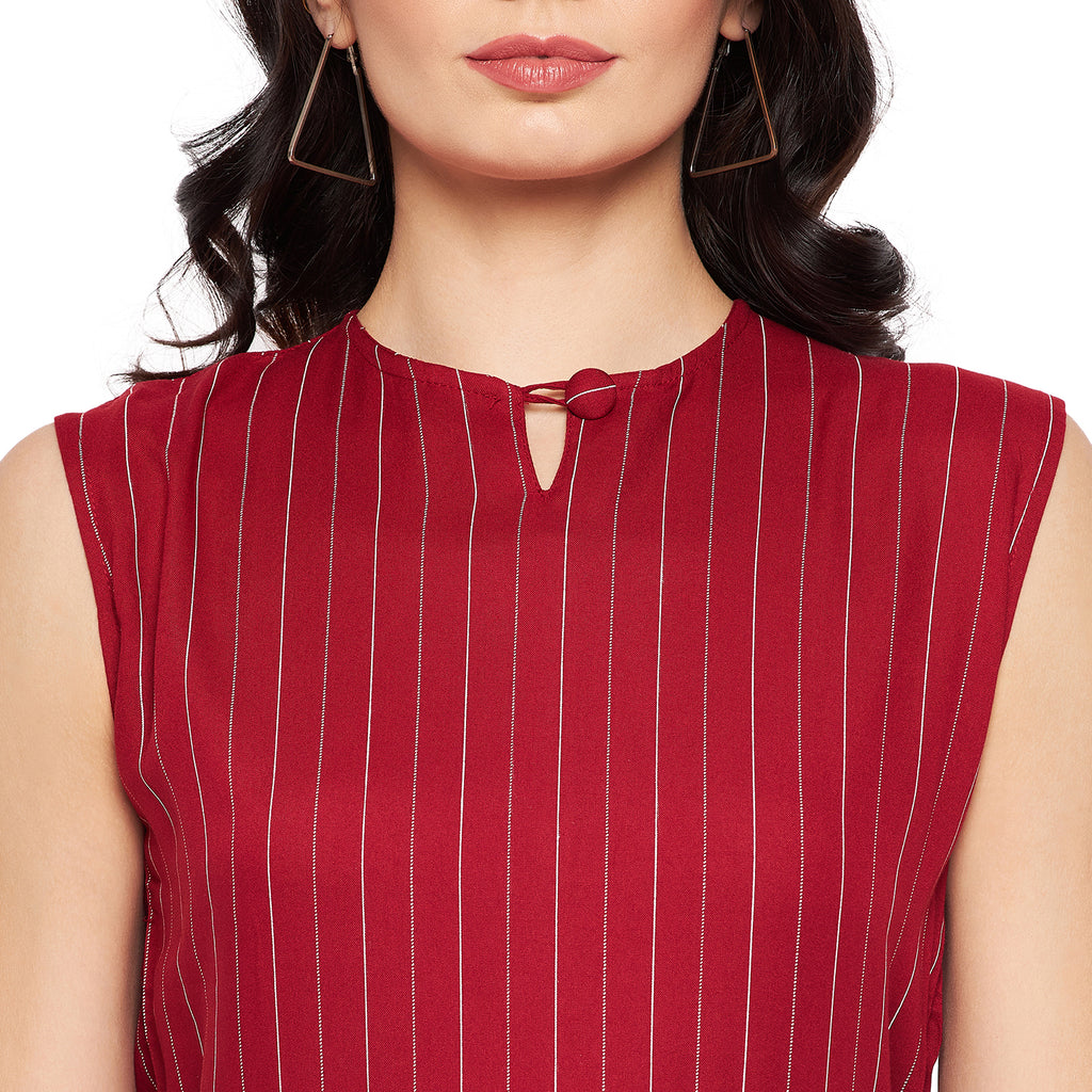 Women Printed Crepe Sleeveless Red Jumpsuit - Camey Shop