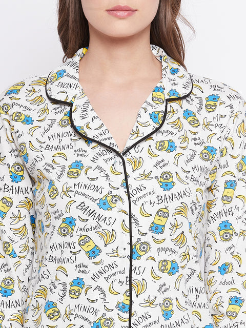 White Print Me Pretty Button Me Up Shirt & Bottom Set in Cotton - Camey Shop