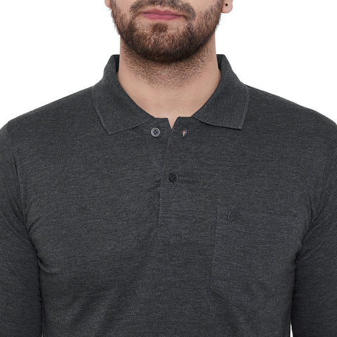 Men's Charcoal Full Sleeves Cotton Polo T-Shirt - Camey Shop