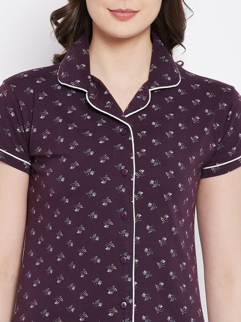 Brown Pretty Florals Button Me Up Shirt & Pyjama in Cotton - Camey Shop