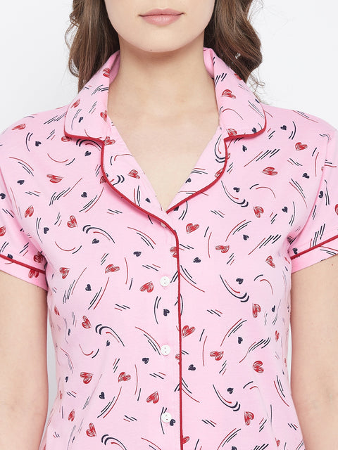 Pink Heart Print Button Me Up Shirt & Pyjama Set in Cotton - Camey Shop