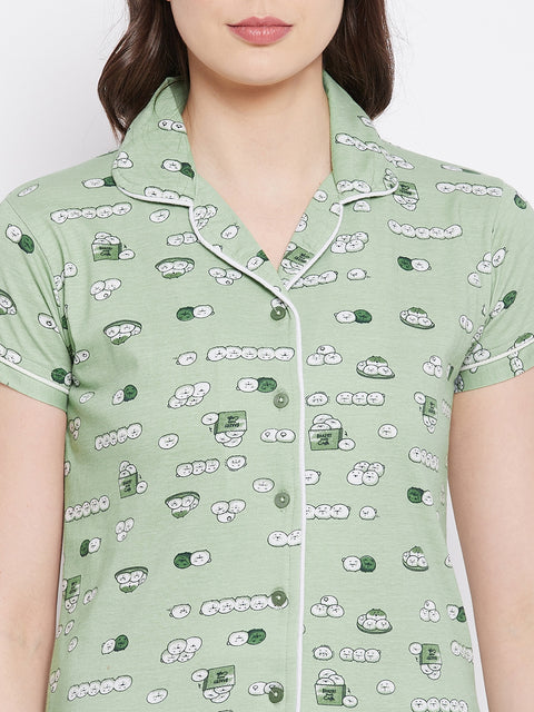 Sage Green Print Me Pretty Button Me Up Shirt & Bottom Set in Cotton - Camey Shop