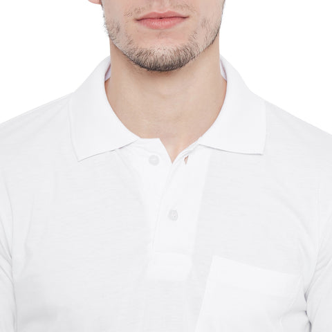 Men's White Full Sleeves Cotton Polo T-Shirt - Camey Shop