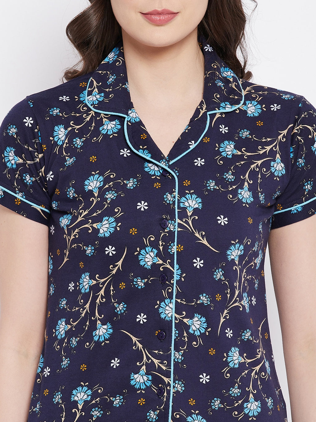Navy Print Me Pretty Button Me Up Shirt & Bottom Set In Cotton - Camey Shop