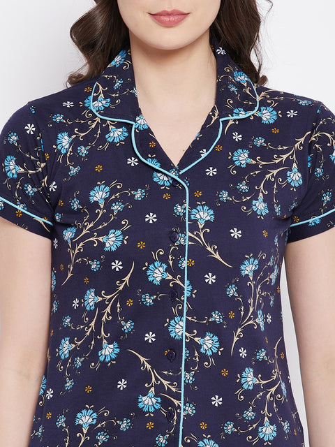 Navy Print Me Pretty Button Me Up Shirt & Bottom Set In Cotton - Camey Shop