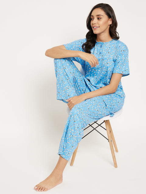 Camey Women's Viscose Printed Short Sleeve Top and Pajama Pants Regular Fit Night Suit Round Collarless Top and Pyjama Set Ladies Night Dress - Camey Shop