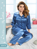 Button Me Up Shirt & Pyjama Set in Deep Blue - Satin - Camey Shop