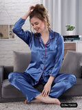 Button Me Up Shirt & Pyjama Set in Deep Sexy Blue - Satin - Camey Shop