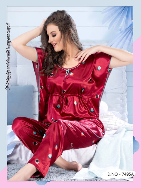 Printed kaftan Style Nightsuit In Maroon -Satin - Camey Shop
