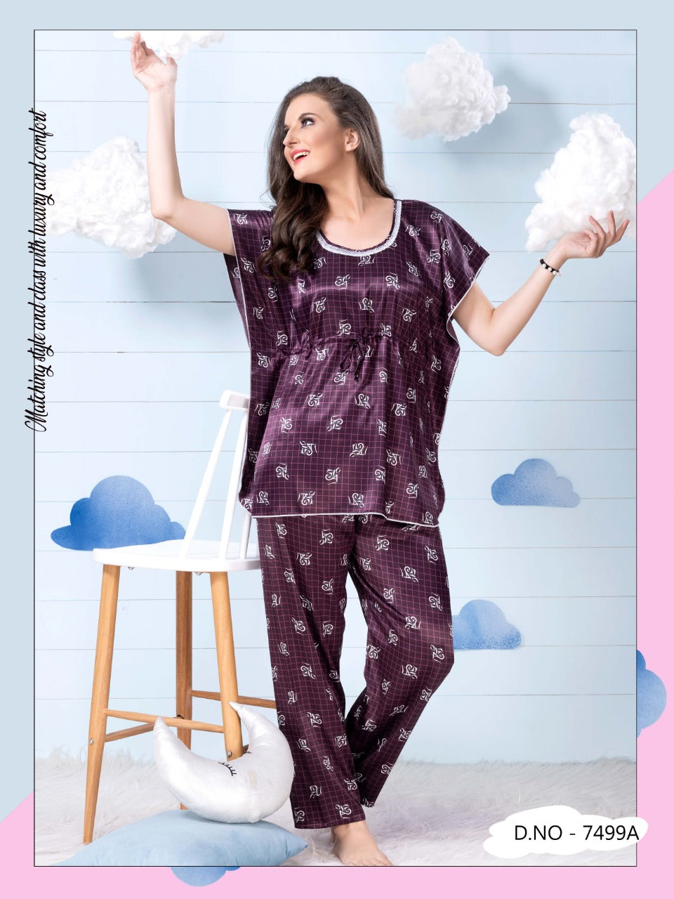 Printed kaftan Style Nightsuit In Wine -Satin - Camey Shop