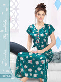Long Printed Nighty in Bottle Green  - Satin - Camey Shop